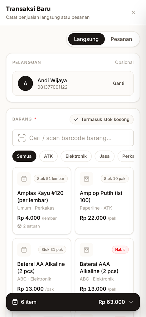 Layar kasir Selsiro: pelanggan Andi Wijaya terpilih, pencarian barang dengan tombol kategori, dan keranjang berisi enam item senilai Rp 63.000.