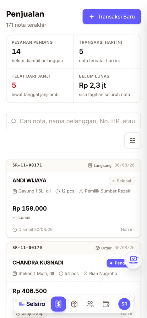 Daftar penjualan Selsiro dengan 171 nota terakhir: ringkasan 14 pesanan pending, 5 telat dari janji ambil, dan Rp 2,3 jt belum lunas, di atas tabel nota dengan status Pending dan Lunas.